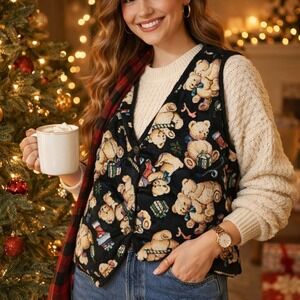 Vintage Teddy Bear Christmas Tapestry Vest Bobbie Brooks XL Kitschy Holiday